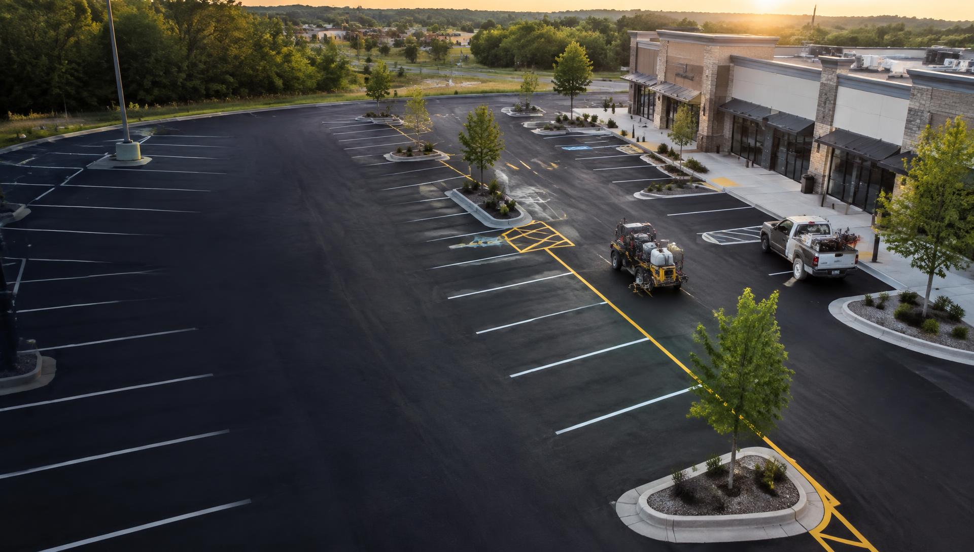 Wide commercial parking lot with fresh black pavement and bright parking lines