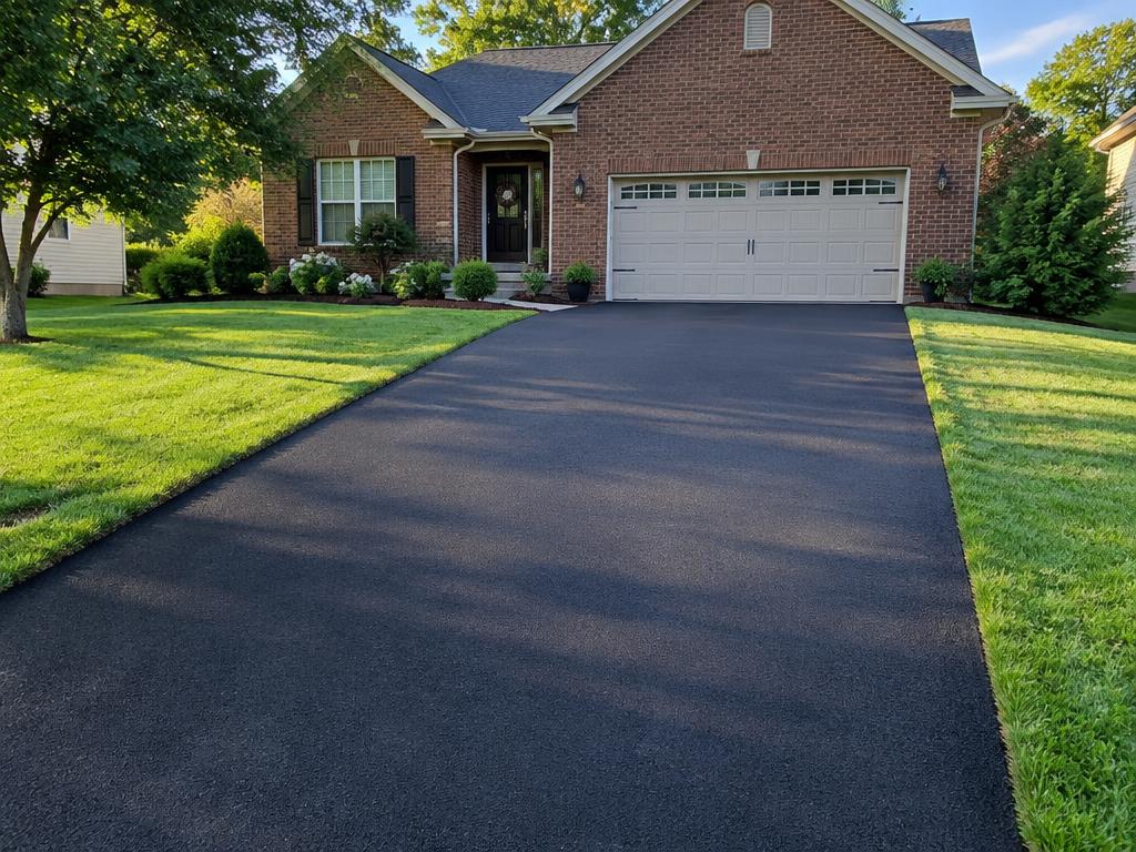 Smooth new asphalt driveway at a brick home