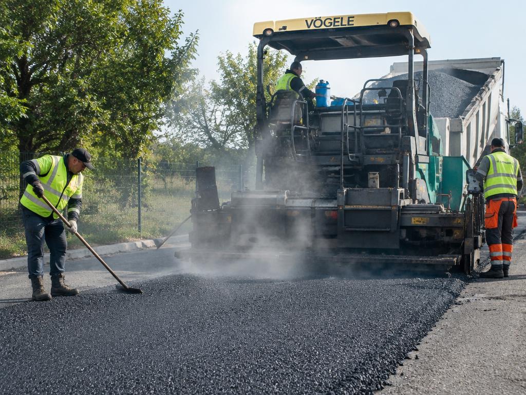 Hot asphalt being laid by a paving machine
