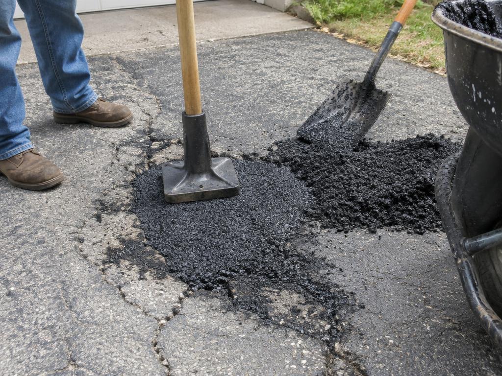 Asphalt patch repair being packed into damaged pavement