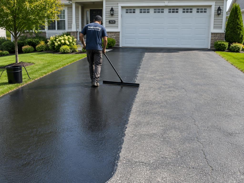 Sealcoating applied to a residential asphalt driveway